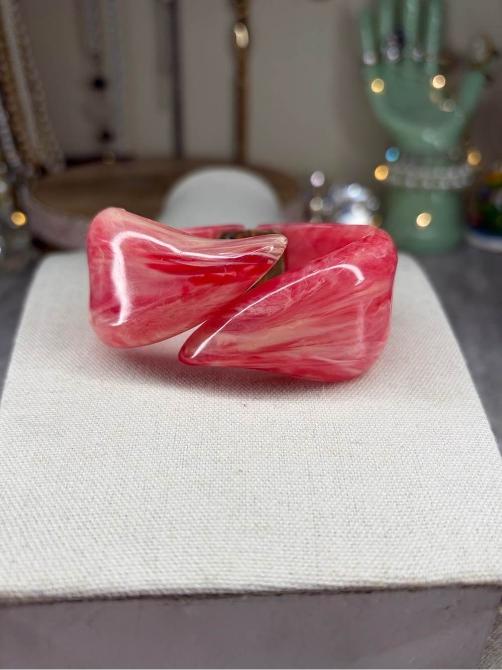 Vintage Clamper Pink Marbled Resin Bracelet Hinged Jewelry Retro